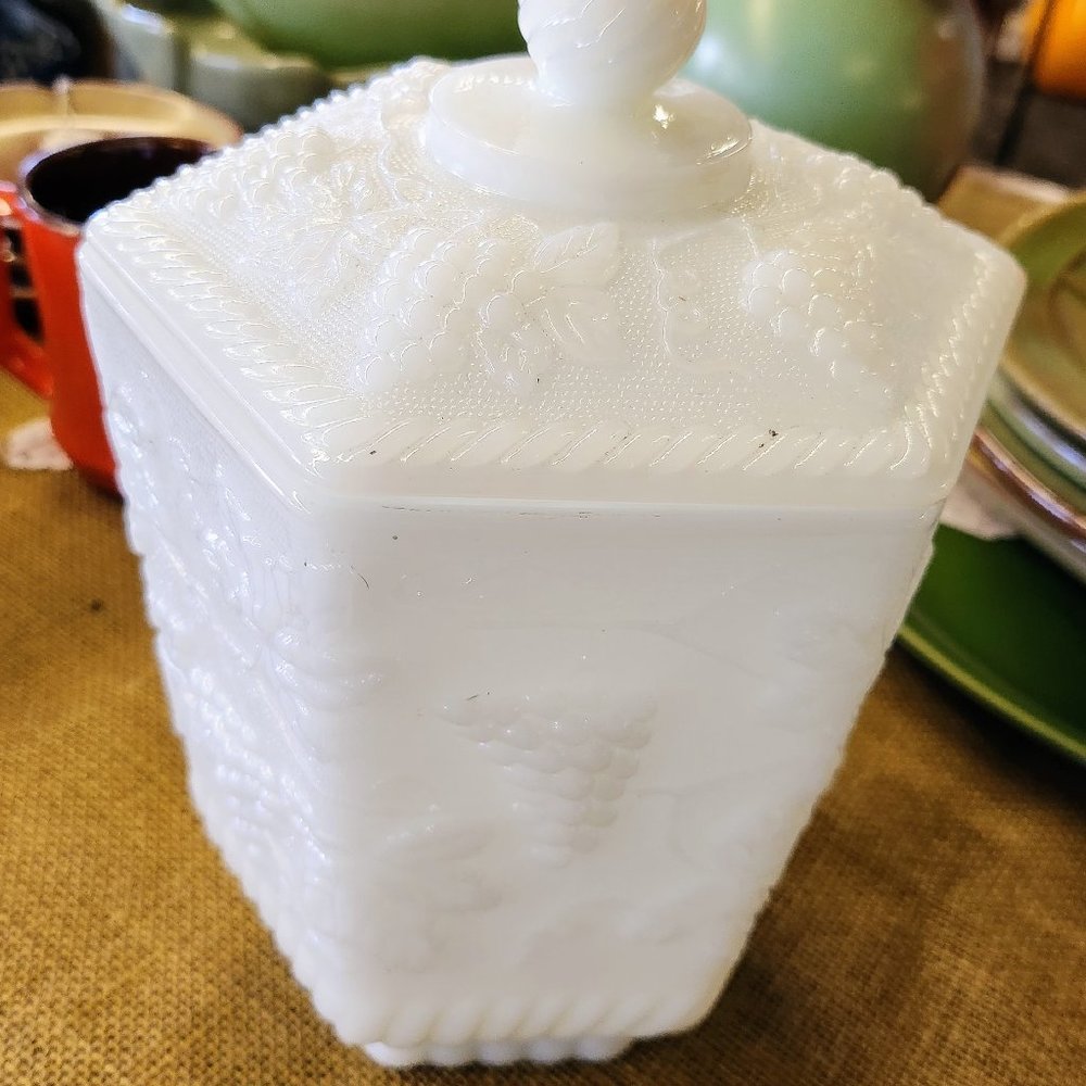 Vintage Fire King Milk Glass Lidded Cookie Jar